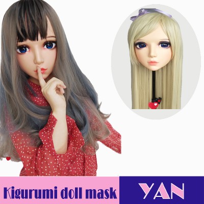 (Yan)Crossdress Sweet Girl Resin Half Head Female Kigurumi Mask With BJD Eyes Cosplay Anime Doll Mask